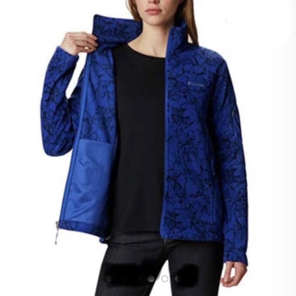 $70 Womens COLUMBIA Fast Trek Blue Black Floral Print Fleece Zip Up Jacket Sz M - Picture 5 of 16